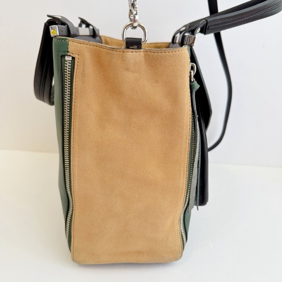 REBECCA MINKOFF BLACK GREEN LEATHER TAN SUEDE FRONT POCKET SIDE ZIPPERS PURSE - Picture 3 of 12